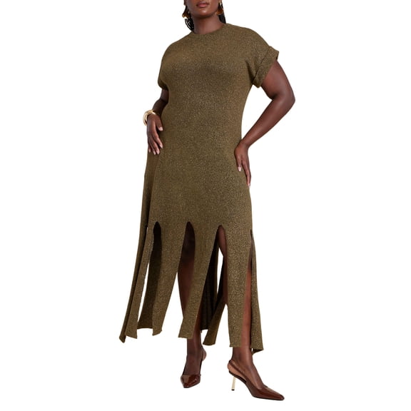 ELOQUII Women's Plus Size Lurex Sweater Dress W Fringes