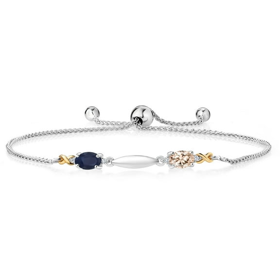 Gem Stone King 1.10 Ct Oval Blue Sapphire Peach Morganite 925 Silver and 10K Yellow Gold Lab Grown Diamond Bracelet for Women