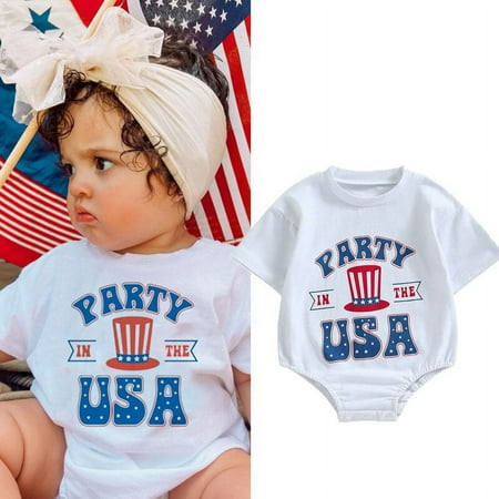 

Baby Girls Boys Romper Short Sleeve Crew Neck Letters Print Contrast Color Summer Bodysuit for Independence Day
