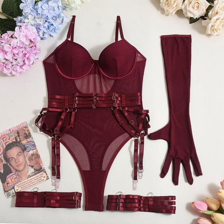 Generic Christmas Complex Heavy Craft One-Piece Sexy Lingerie 4 Pieces Gloves Leg Ring