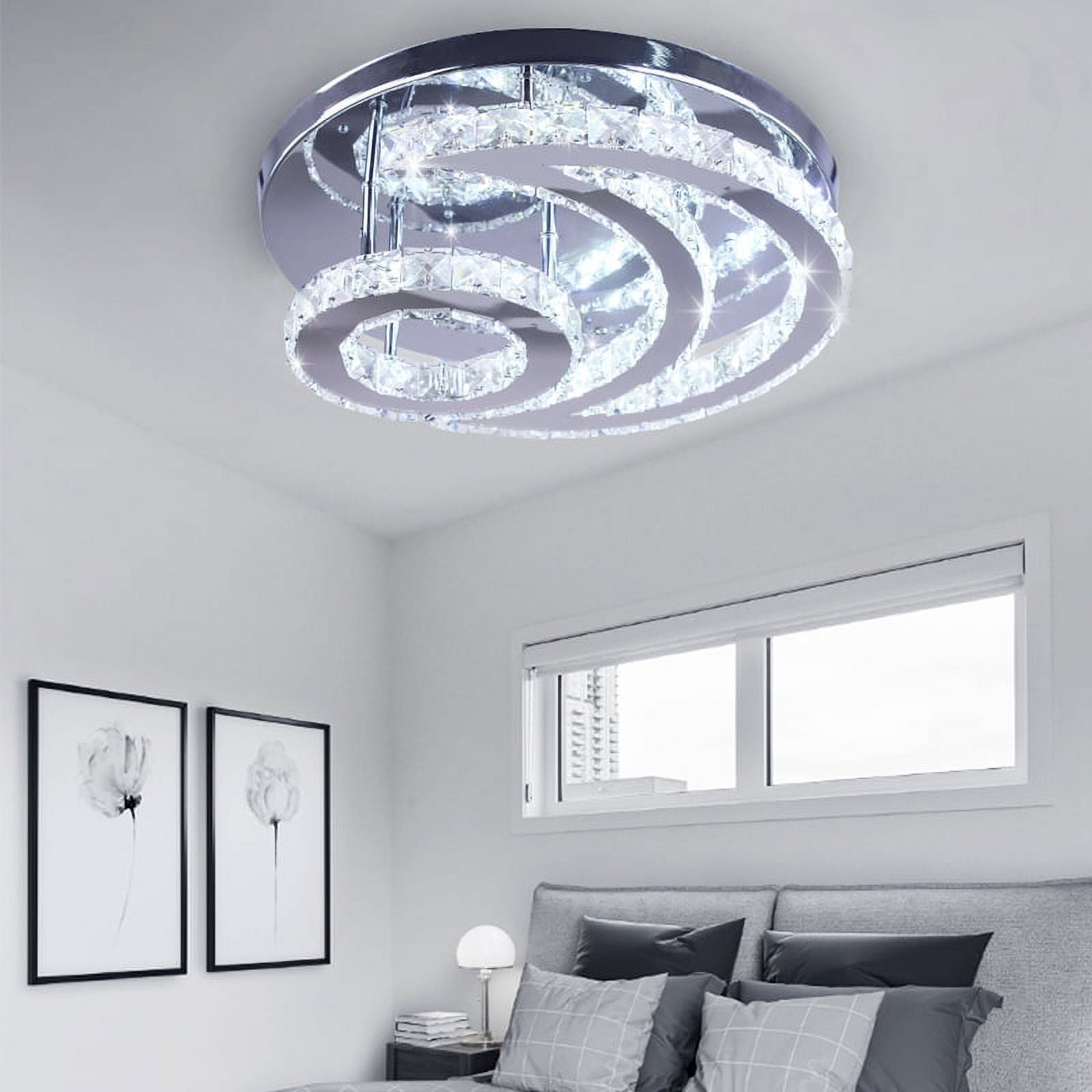 FRIXCHUR Modern Crystal Chandelier LED Moon Crystal Ceiling Light  Flush Mount Chandelies for Dining Room Bathroom Bedroom Living Room(Cool White)