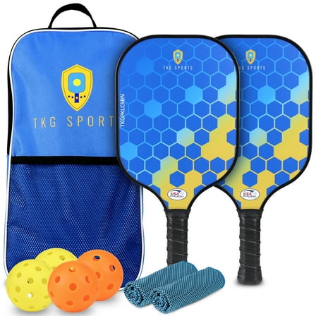 TKG Sports 14mm Carbon Fiber Pickleball Set with Bag - 2 USAPA Pickleball Paddles, 2 Indoor and 2 Outdoor Pickleball Balls, 2 Cooling Towels - Pickleball Rackets for Adults and Teens