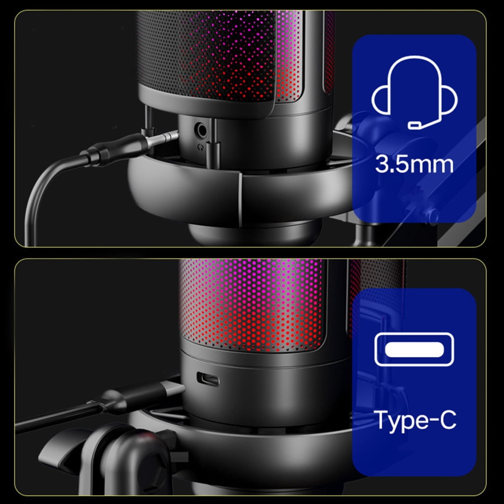 LED Light Gaming Microphone USB Condenser Mic Clip Mount for Desktop and Laptop