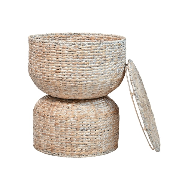 happimess SAT1000C Bhola 18" Hourglass Handwoven Hyacinth Storage Accent Table with Lid, White Wash