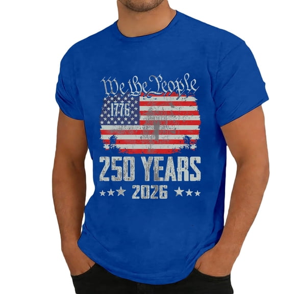 4th of July T Shirts for Men's 250th Anniversary Patriotic Graphic T Shirt Independence Day Commemorative Print Short Sleeve Casual Tee For Anniversary Celebration Comfortable Fit Blue 4XL