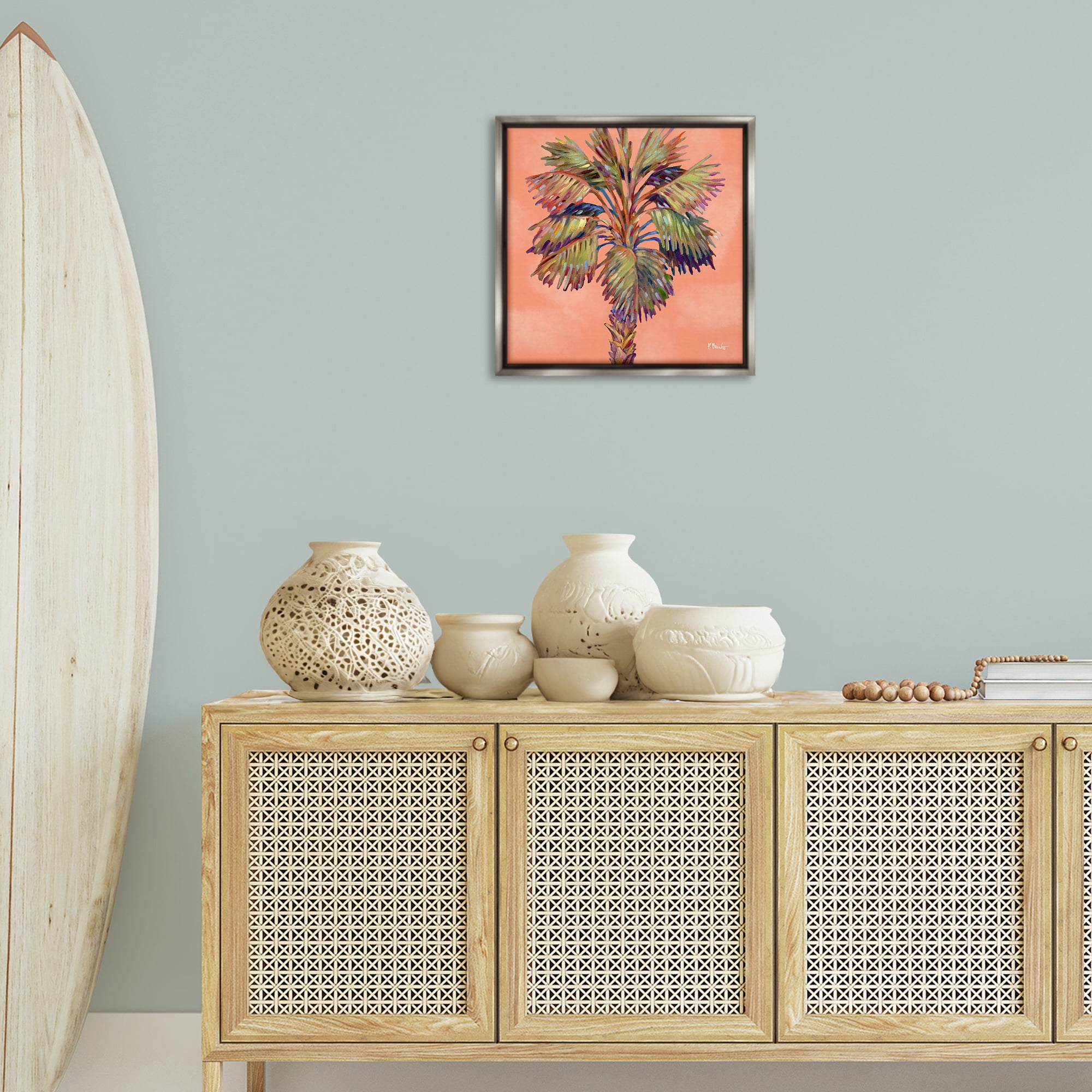 Stupell Industries Bondi Beach Palm Plants & Flowers Painting Gray Floater Framed Canvas Art Print Wall Art, 18 x 18