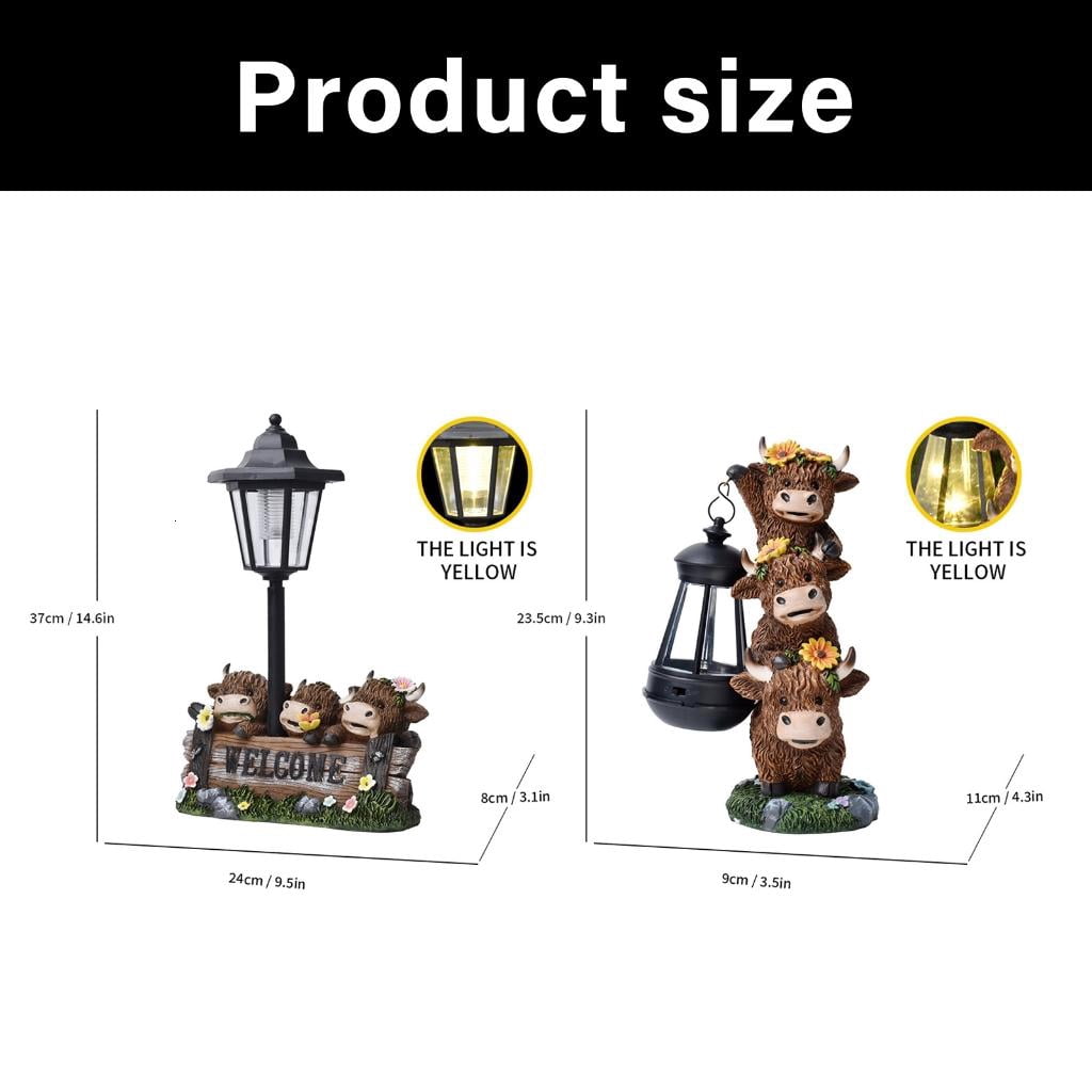 Rural Highlands Cattle Statue Solar Garden Sculpture Weather Resin Decoration Backyard Landscape Welcome Plaques