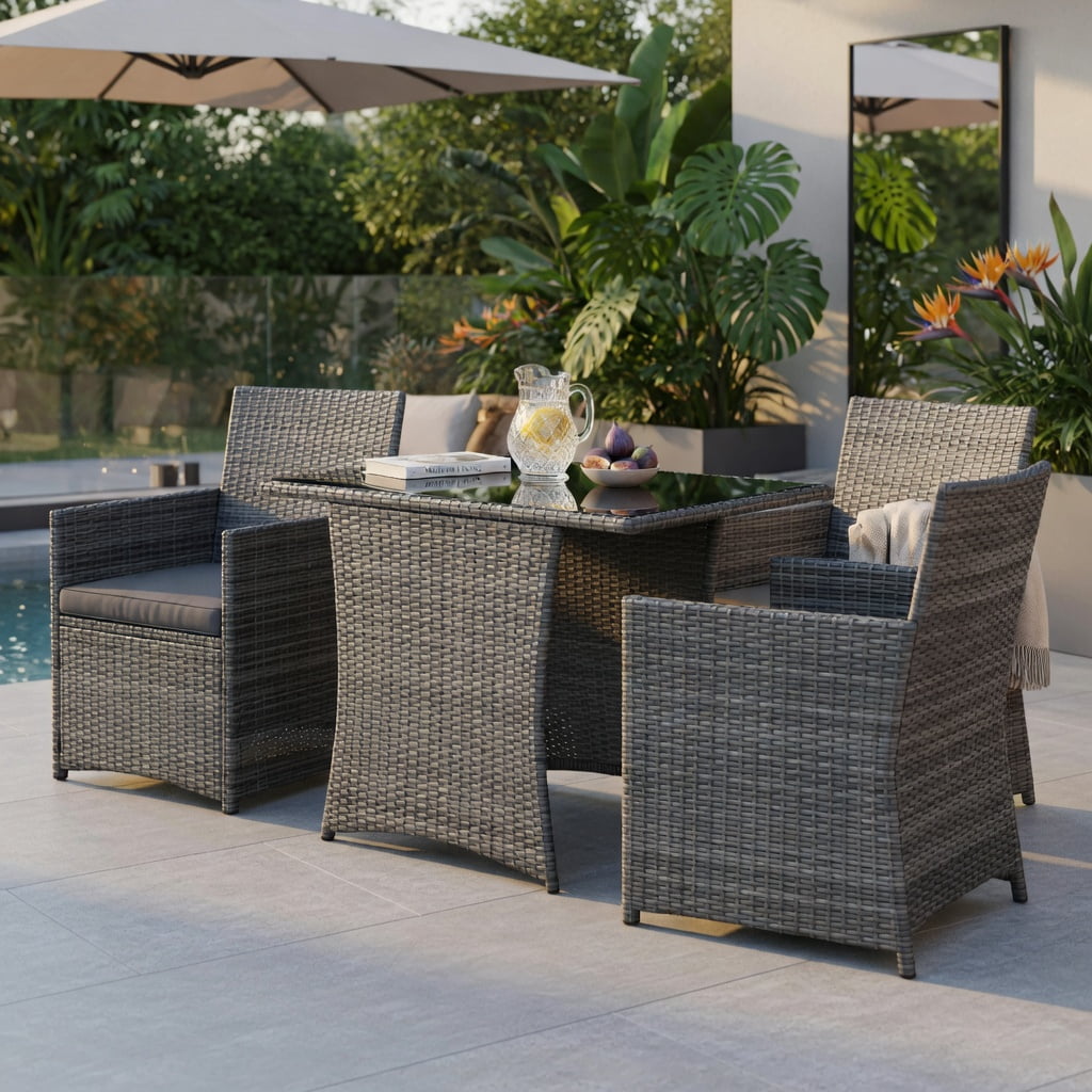 Hommoo 3-Piece Patio Rattan Furniture Set, Steel Frame Outdoor Sofa & Table with Washable Cushions for Balcony, Porch, Garden, Gray