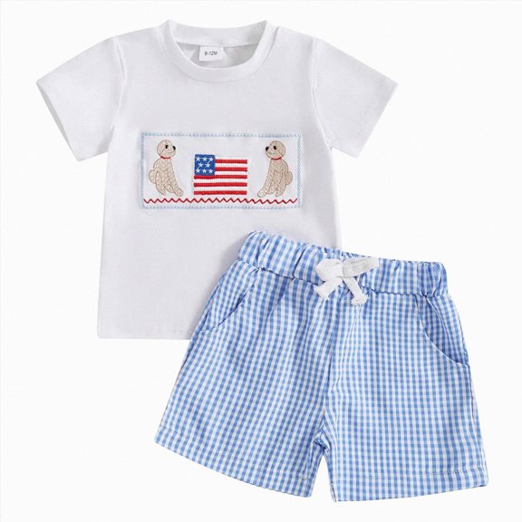 Xudanell Boys Short Sleeve Outfits 4th of July Plaid Shorts Set T Shirt Top Toddler Boy Spring Summer Clothes Blue 3-4 Years