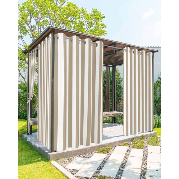 Beige Striped Outdoor Curtains for Patio, Modern Farmhouse Beige White Stripes Privacy Drapes Grommet Waterproof Outside Curtains for Porch/Cabana/Balcony 54"x 95", 1 Panel
