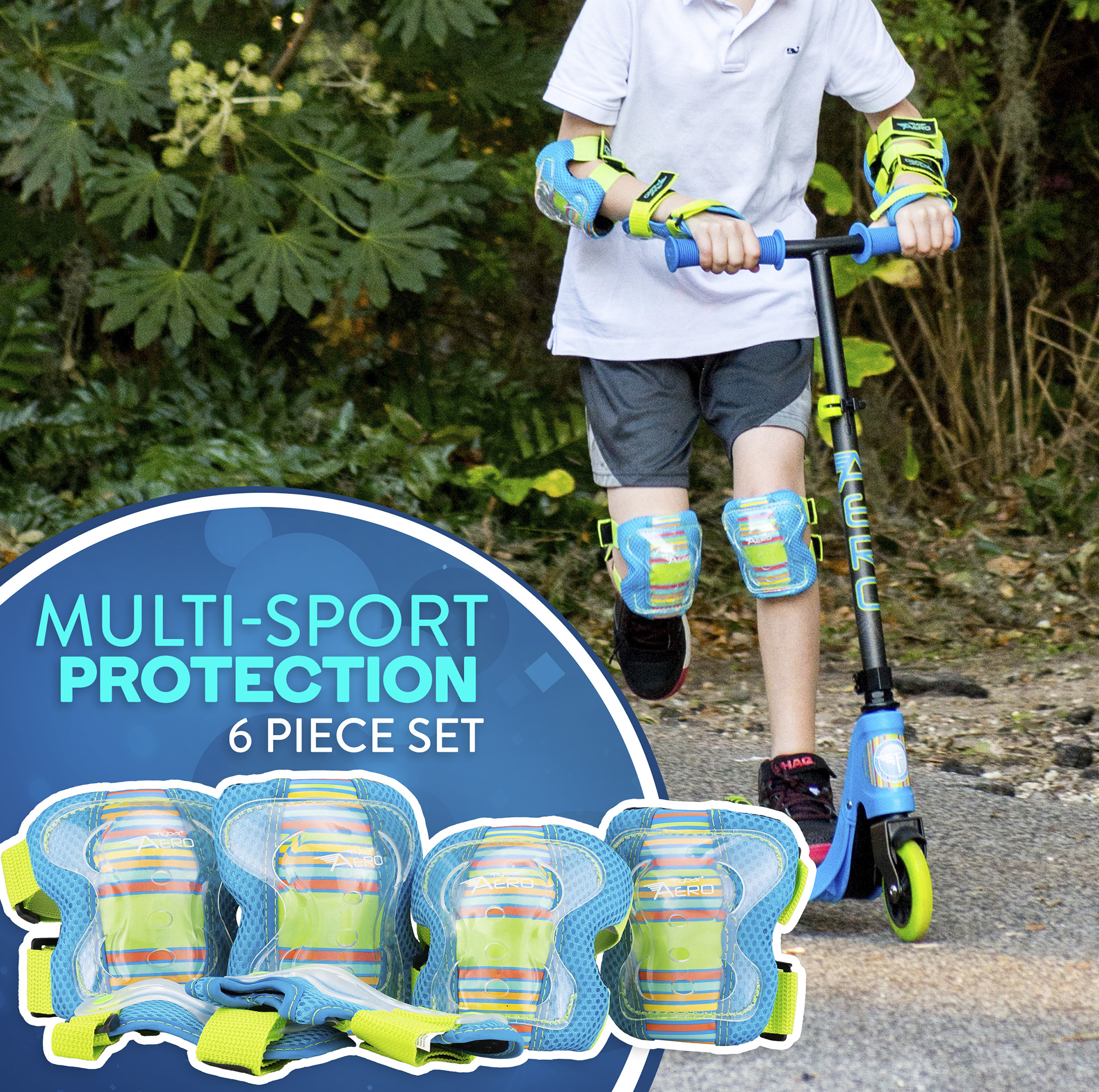 Flybar Aero Elbow, Knee and Wrist 3 in 1 Multi-Sport Protection for Kids, Ages 5-10, Blue