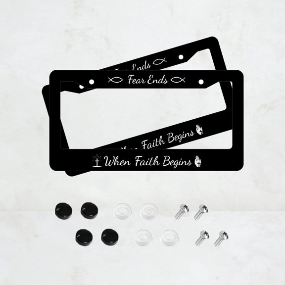 2PC Fear Ends When Faith Begins License Plate Prame Aluminum Rust-Proof Auto Parts License Plate Decorative Screws Fit Standard 2 Holes 1 U.S. License Plate, 12.2x 6.3 Inch