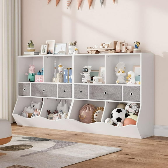 TROPOW Toy Storage Organizer,Kids Bookshelf and Toy Storage Organizer with 3 Movable Drawers, Floor Storage Cabinet Toy Chest with 4 Cubbies, Multifunctional Storage Chest for Nursery,White