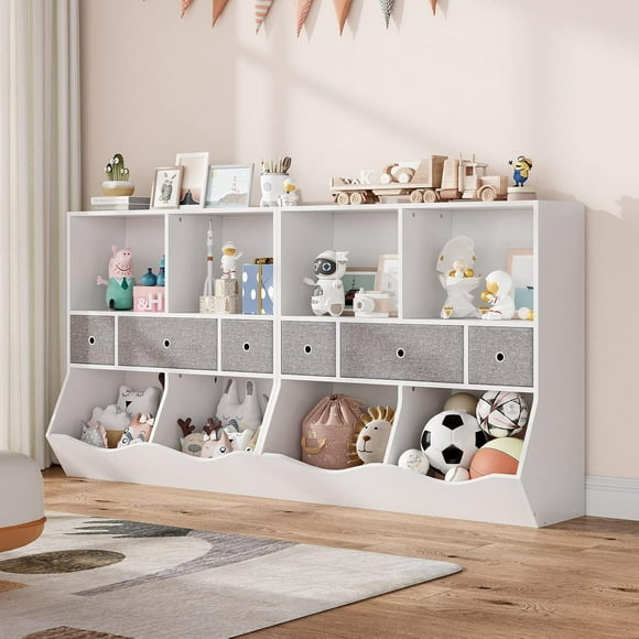 TROPOW Toy Storage Organizer,Kids Bookshelf and Toy Storage Organizer with 3 Movable Drawers, Floor Storage Cabinet Toy Chest with 4 Cubbies, Multifunctional Storage Chest for Nursery,White