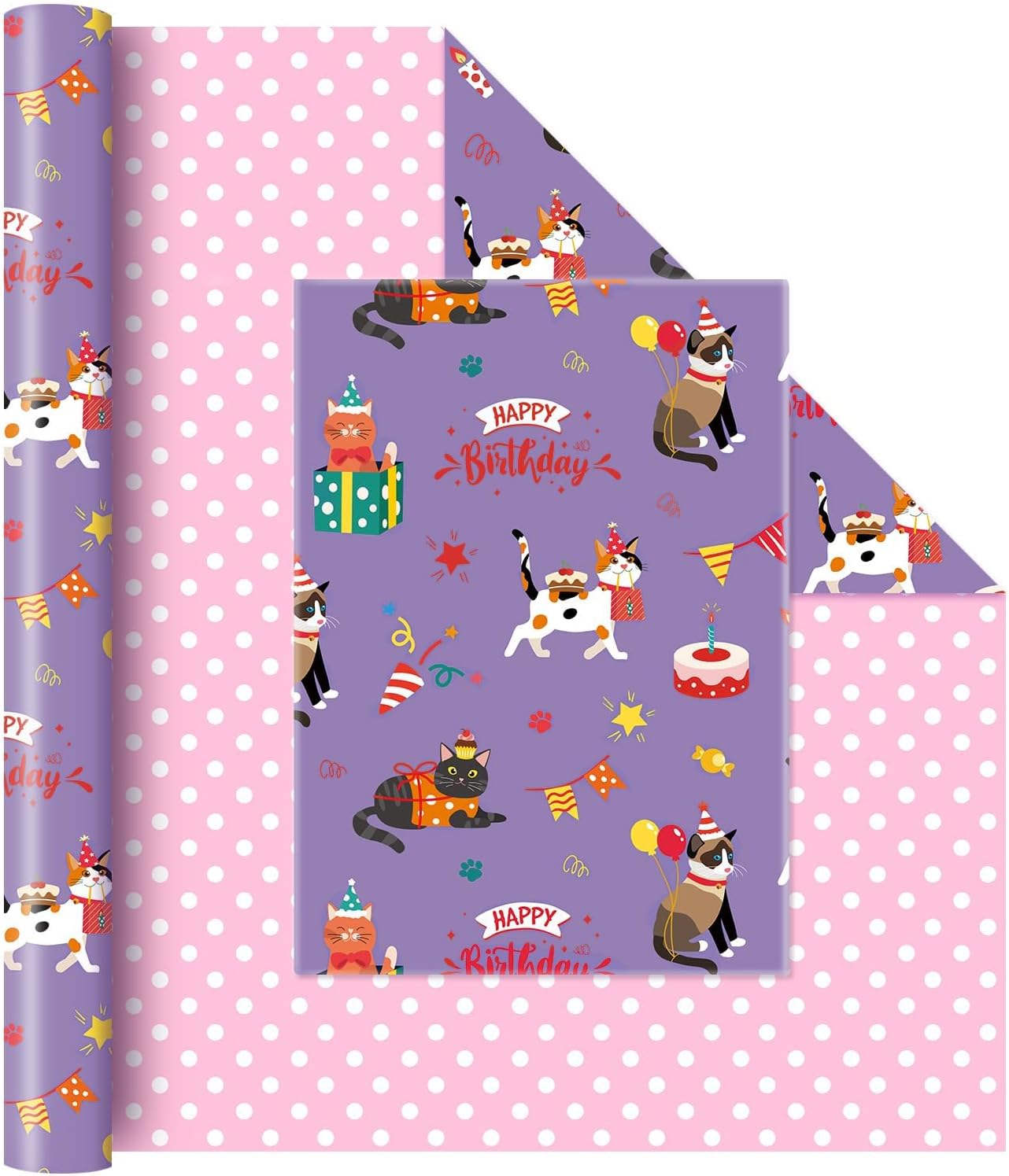Cat Birthday Wrapping Paper Roll - 1 Roll 17” X 33 ft Cat Gift Wrapping Paper Roll Girls Kids Birthday Green Pink Wrap Paper with Polka Dot Design for Gift Packing Supply