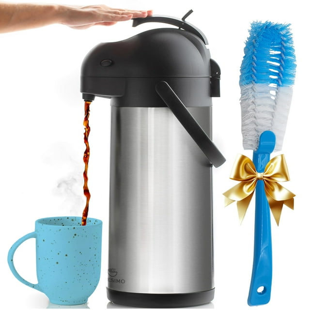 Jarra De Café Con Airpot Y Cepillo De Limpieza - Airpot De 101Oz / 3L 24 Horas Para Bebidas Frías O Calientes - Jarras De Café Para Mantener Caliente Extra Grandes - Dispensador De Café Con Bomba Disp