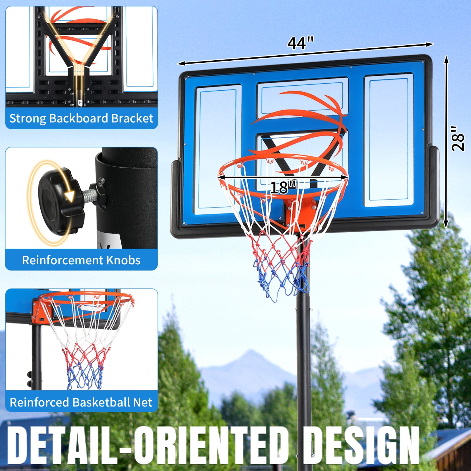 Ktaxon Portable Basketball Hoop Outdoor, Basketball Goal System 4.4-10ft Height Adjustable, 44inch Shatterproof Backboard, Blue Orange