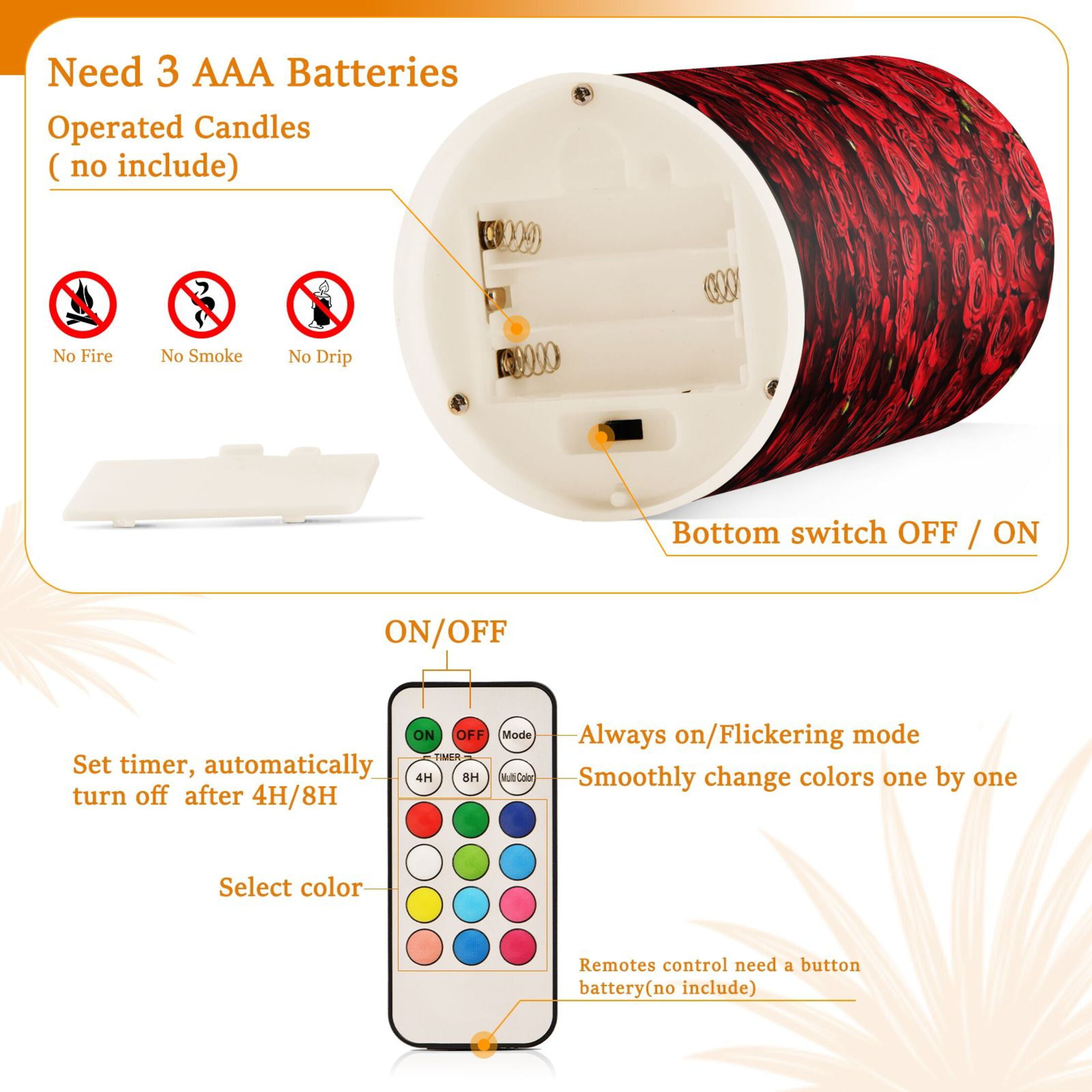 2 PCS Flameless Candles with Remote Timer LED Battery Operated Flickering Candle Light for Wedding Table Home Decoration Gifts Wall Of Red Roses