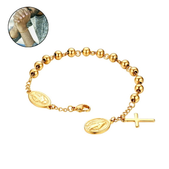 OIDEA Stainless Steel Cross Rosary Beads Bracelet Wristband for Women Me -Gold