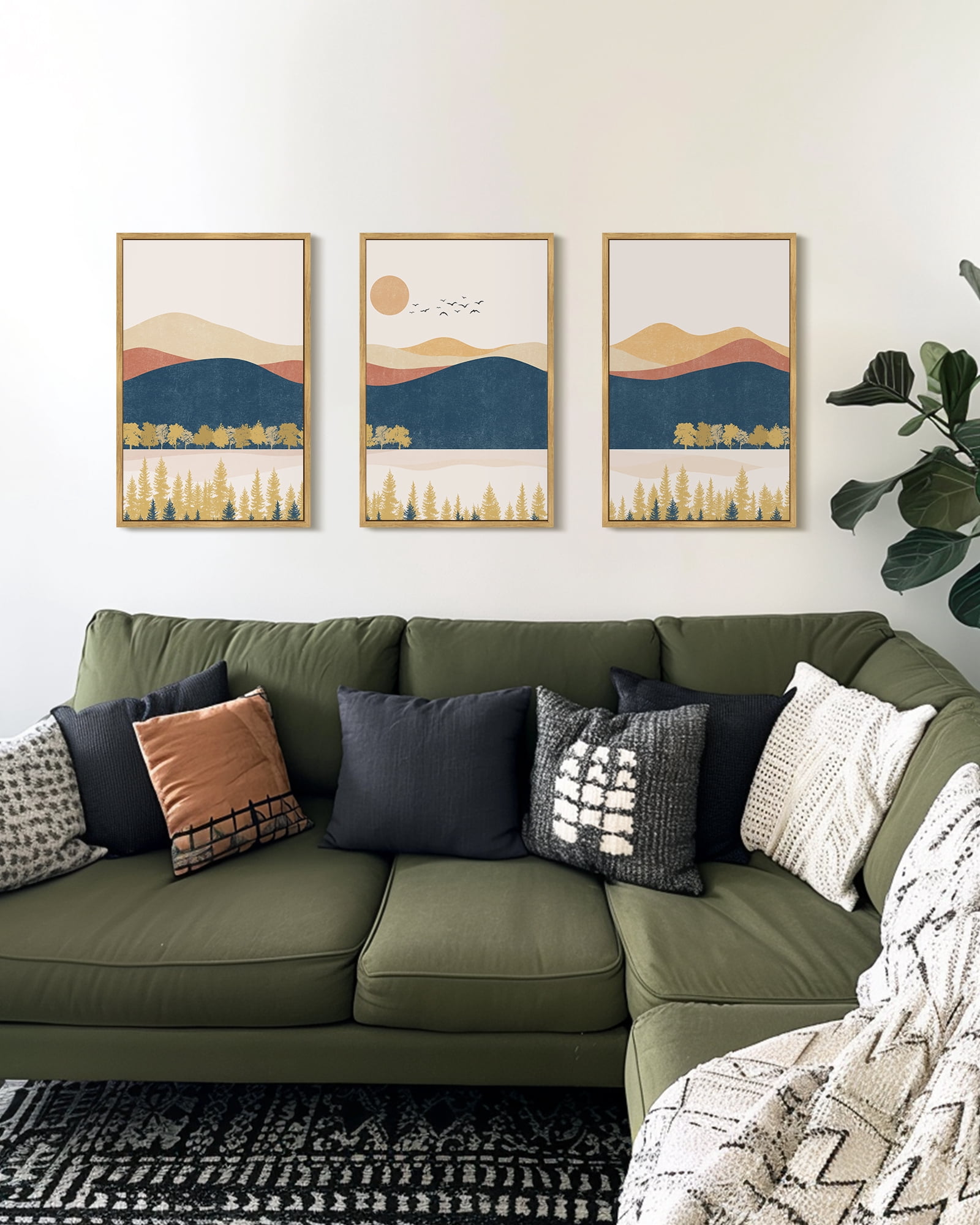 SHENIFY Large 24x36in3pcs Natural Framed Bohemain Mountain Landscape Wall Art Watercolor Nature Artwork Painting Boho Farmhouse Rustic Home Decor