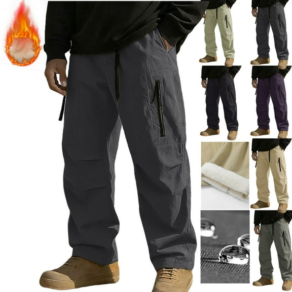 Gamivast Fleece Pants Men Hiking Waterproof Straight Leg Outdoor Cargo Pants with Zipper Pockets Warm Winter Loose Drawstring Elastic Waist Sweatpants Thermal Pleated Joggers