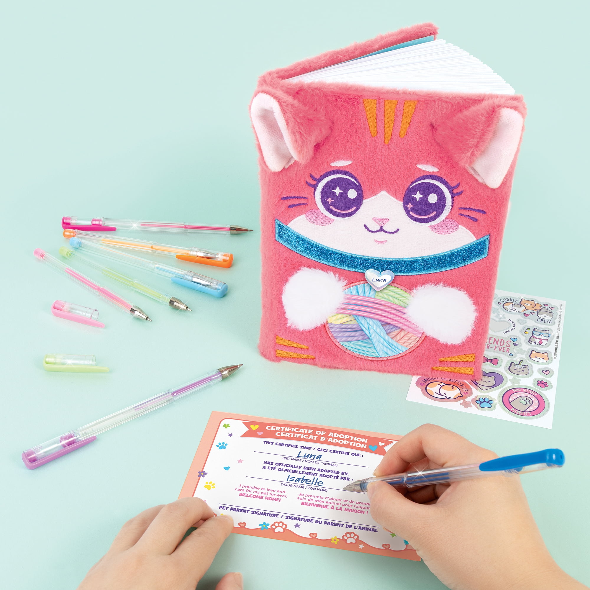 3C4G: Happy Tails Pet Adoption Journal - Cat - Pink Fuzzy Plush Diary, 3D Ears & Paws, Stickers, Custom Animal Adoption Certificate, Girls & Kids 6+
