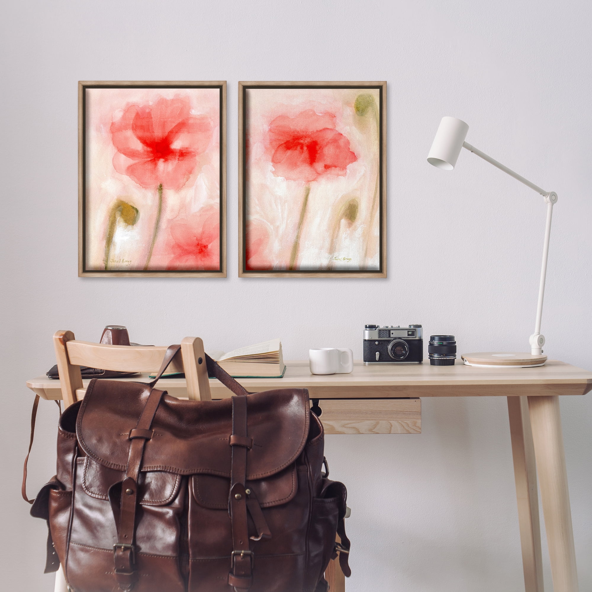 Stupell Industries Beautiful Coral Poppy Blossom Plants & Flowers Painting Brown Floater Framed Canvas Art Print Wall Art, 17 x 25, Set of 2
