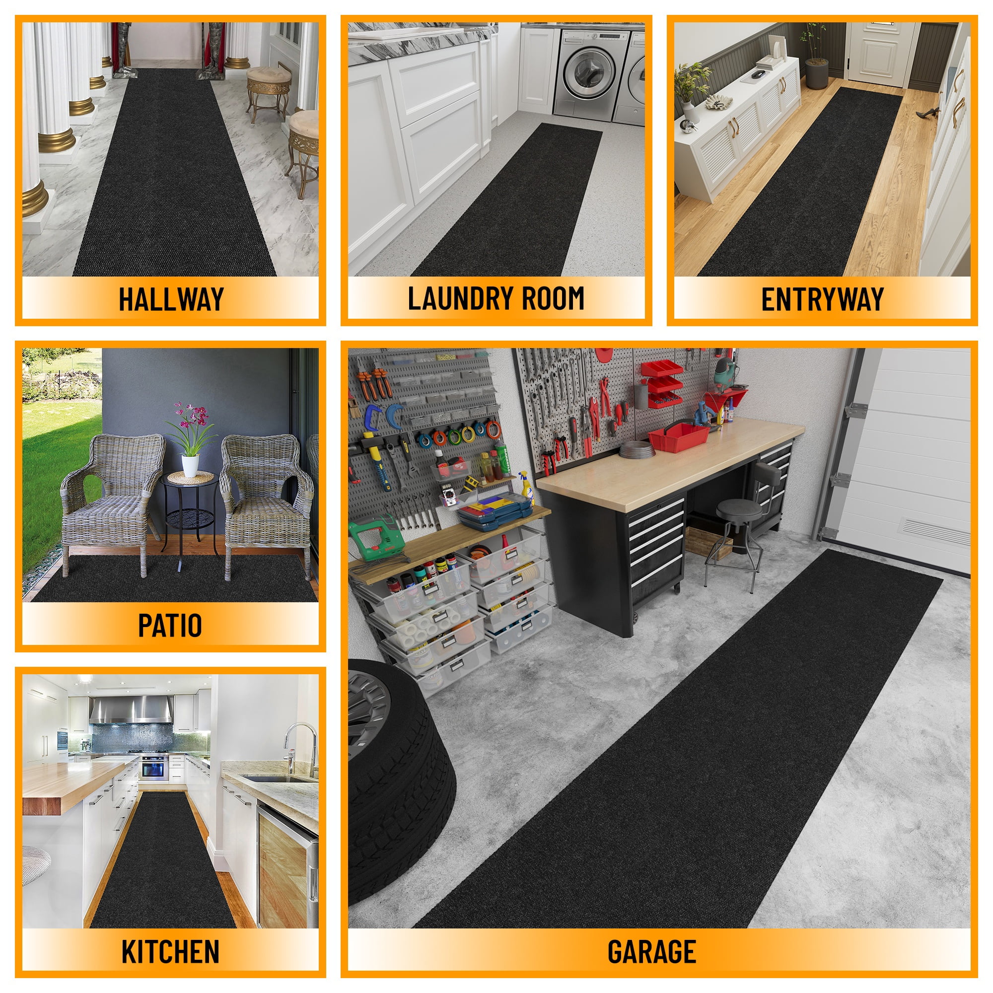 Ottomanson Non-Slip Hallway Runner Rug 2'7" x 47' Indoor/Outdoor Custom Size Utility Carpet for Garage, Black Hobnail