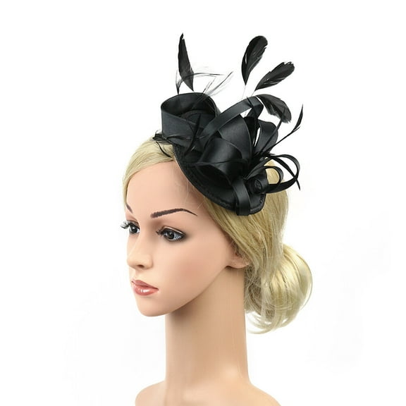 Feather Flower Headband Decor,Bridal Tiara Satin Feather Hair Accessories Mesh Head Flower Stage Party Hairpin Hat (Black)