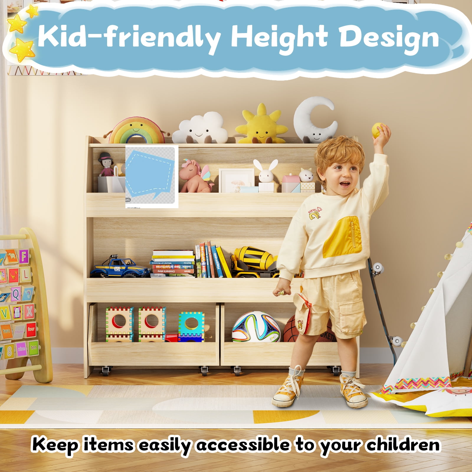 3-Tier Portable Toy Storage, Kids Toy Organizer W/2 Removable Bins with 4 Wheels（Wood)