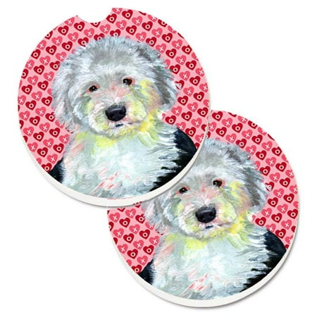 

Old English Sheepdog Hearts Love & Valentines Day Portrait Set of 2 Cup Holder Car Coaster