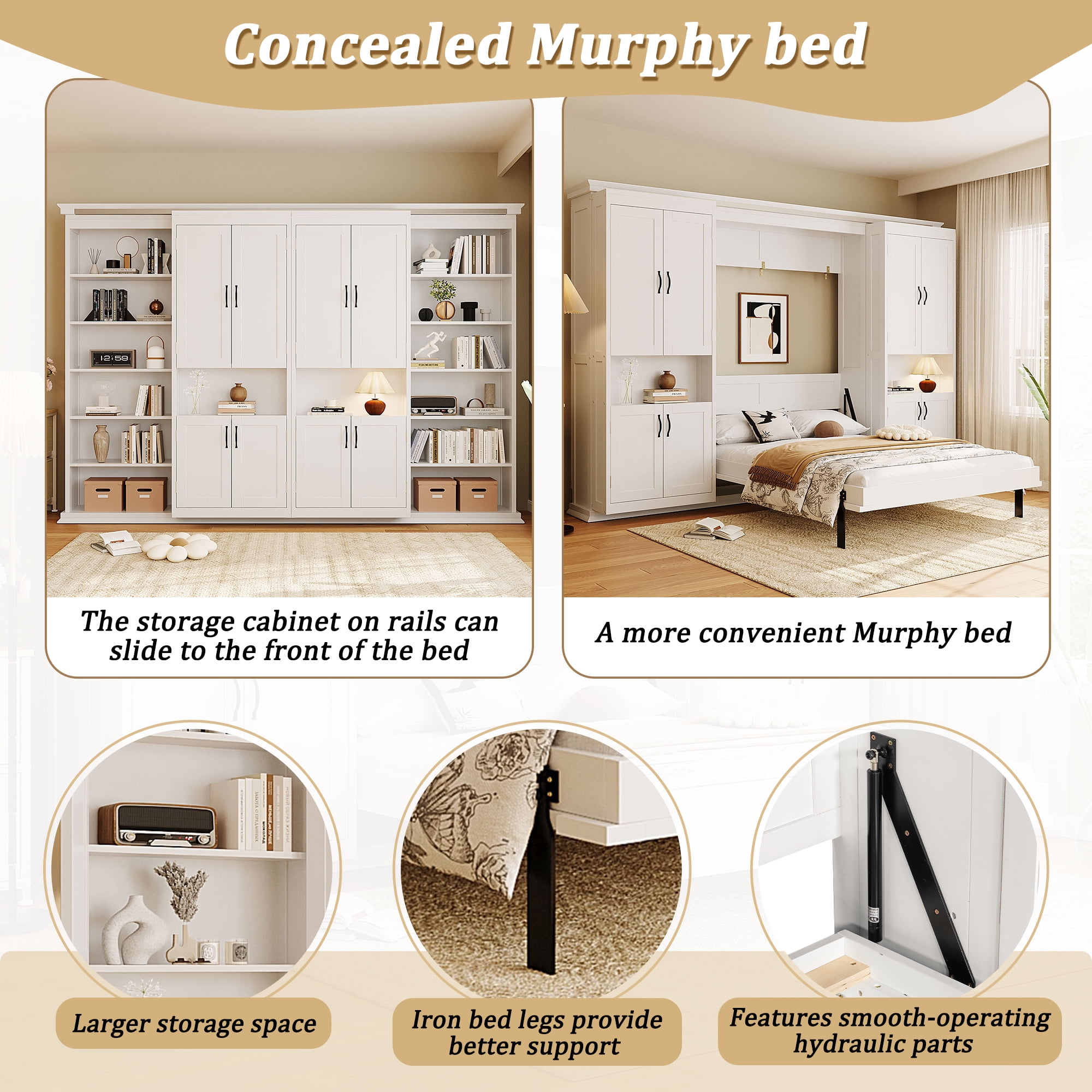 Full Size Murphy Bed with Dual Sliding Storage Cabinets, 6-Tier Open Shelves, Space-Saving for Small Space, Guest Room