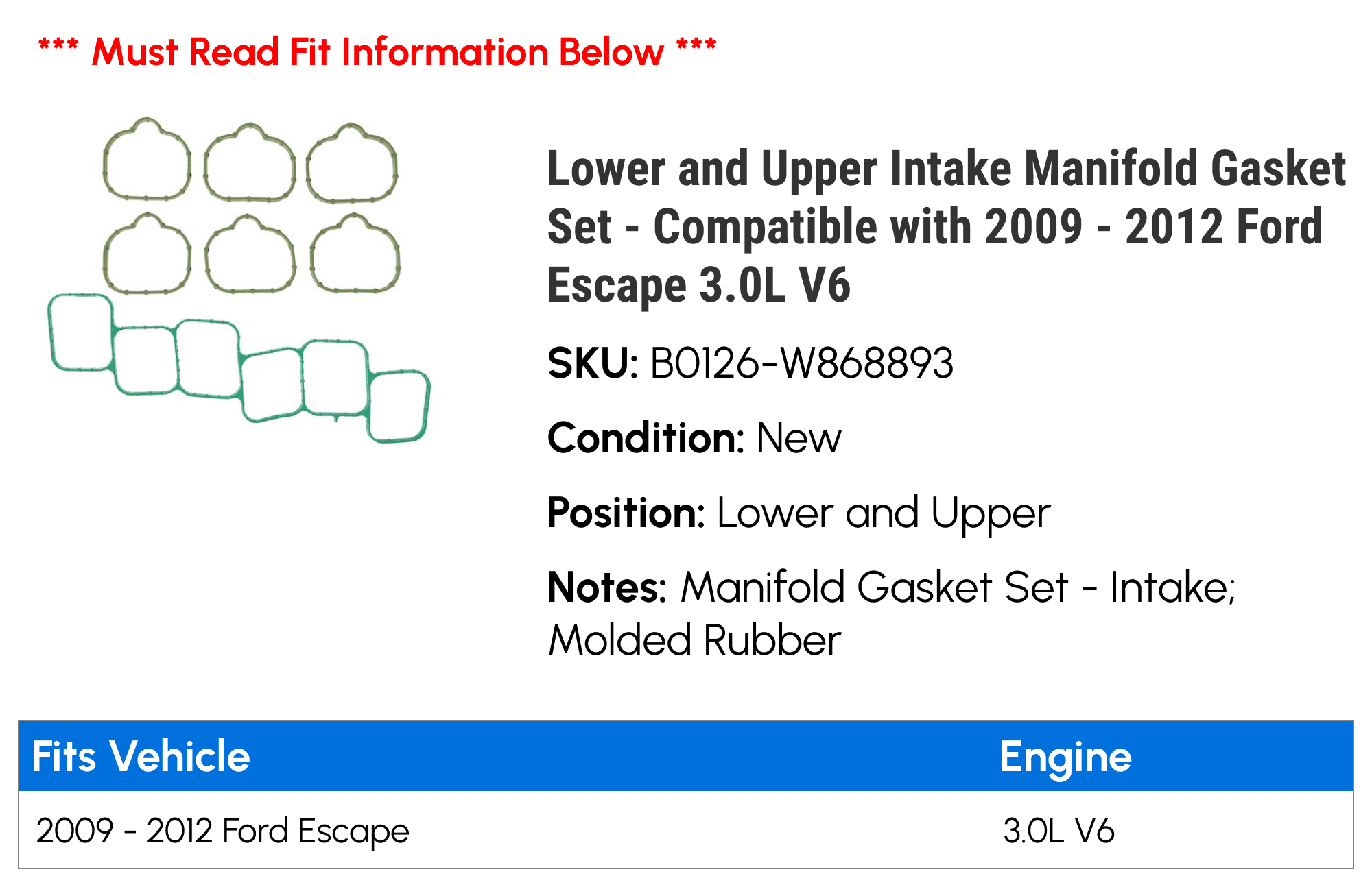 Lower and Upper Intake Manifold Gasket Set - Compatible with 2009 - 2012 Ford Escape 3.0L V6 2010 2011