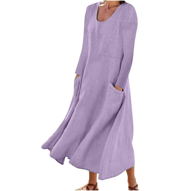Pompotops Robe à Manches Longues en Coton et Lin Uni avec Poche et Col Rond pour Femmes en Solde