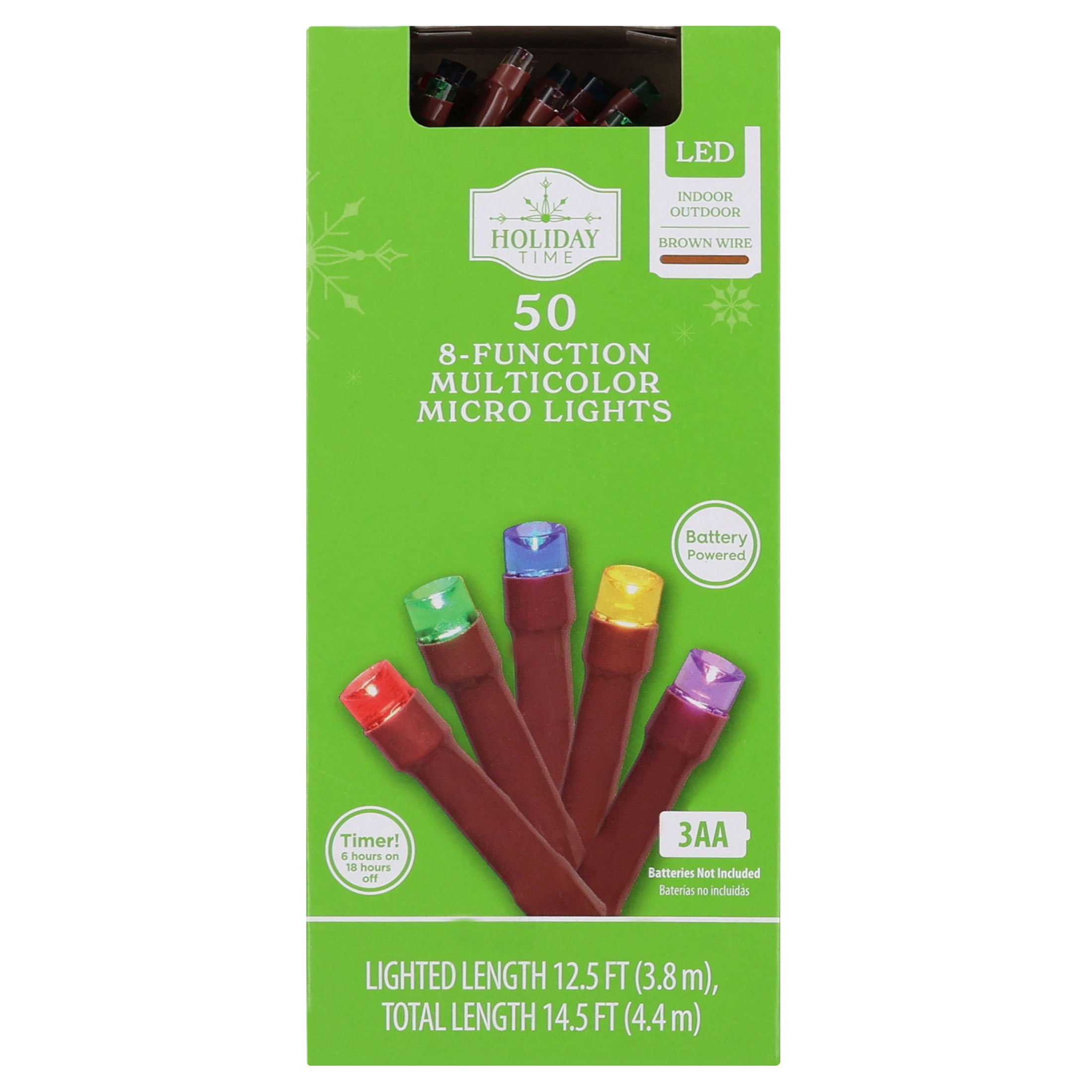 Indoor/Outdoor 50-Count Battery-Operated LED 8-Function Micro Christmas String Lights, Multicolor, Brown Wire, 12.5', by Holiday Time