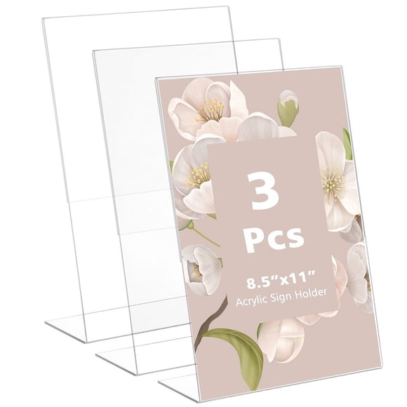 3 Pcs Acrylic Sign Holders, 8.5×11in Vertical Desktop Menu Display Stands, Clear Slanted Picture Frames, Plastic Table Flyer Paper Holders for Offices, Restaurants, Stores