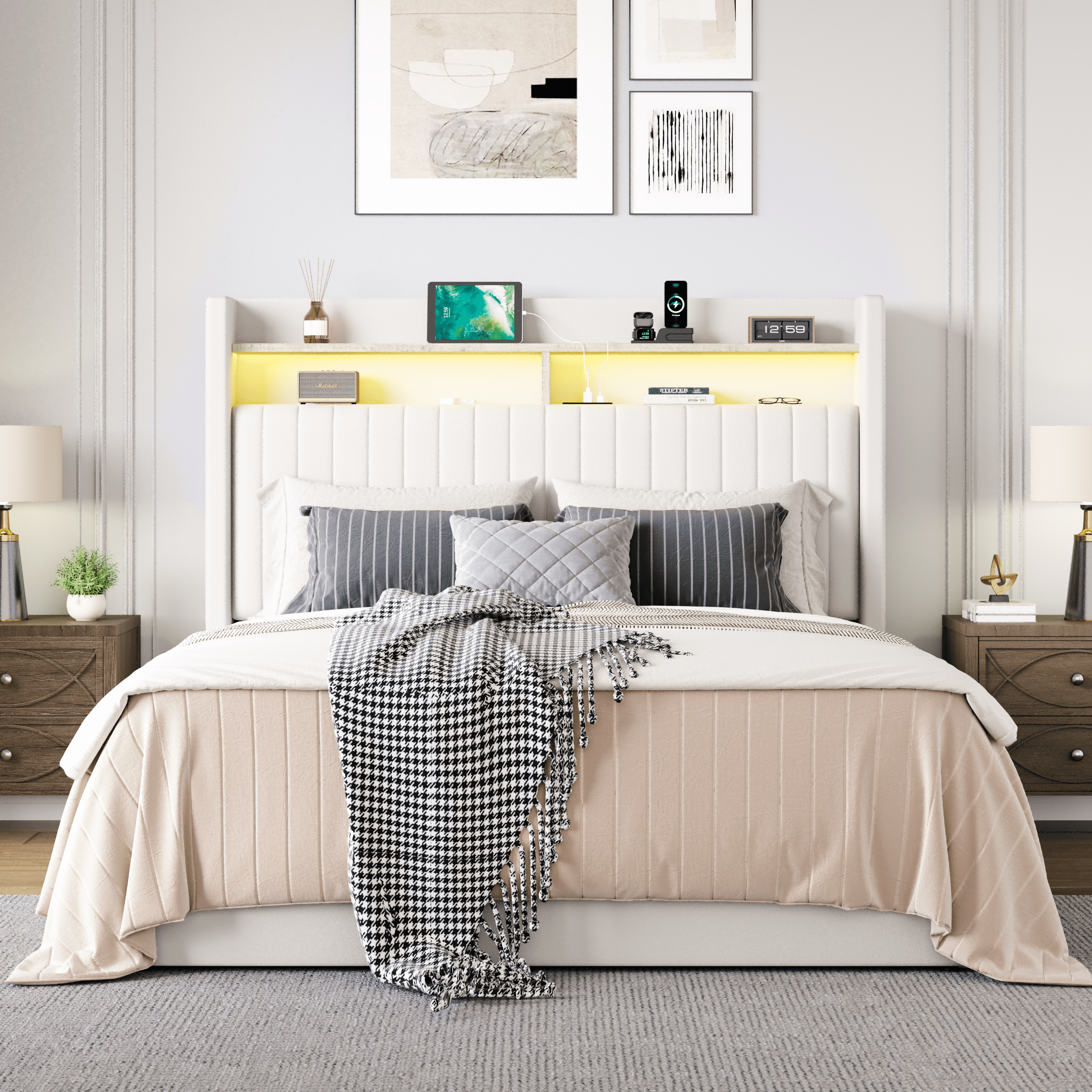 Amolife Full Hydraulic Lift-Up Storage Bed Frame, LED Headboard with Fast Charging (USB/Type-C), 2-Tier Shelves & Velvet Upholstered, White