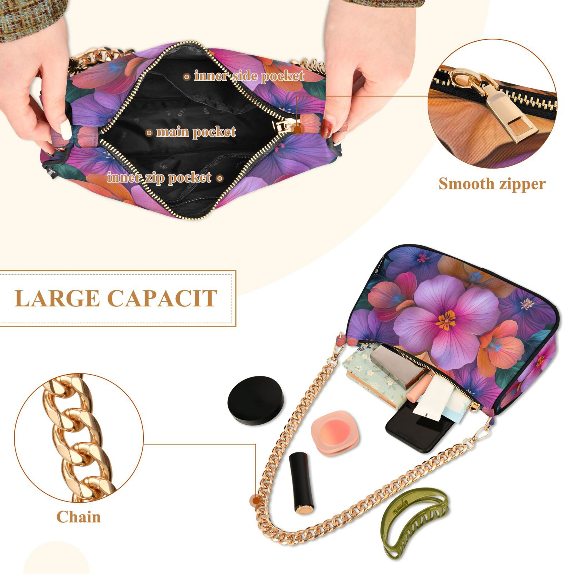 FORMRS Womens Shoulder Bag with Chain Strap Clutch Purse Cute Tote Handbag, Large Purple Flowers