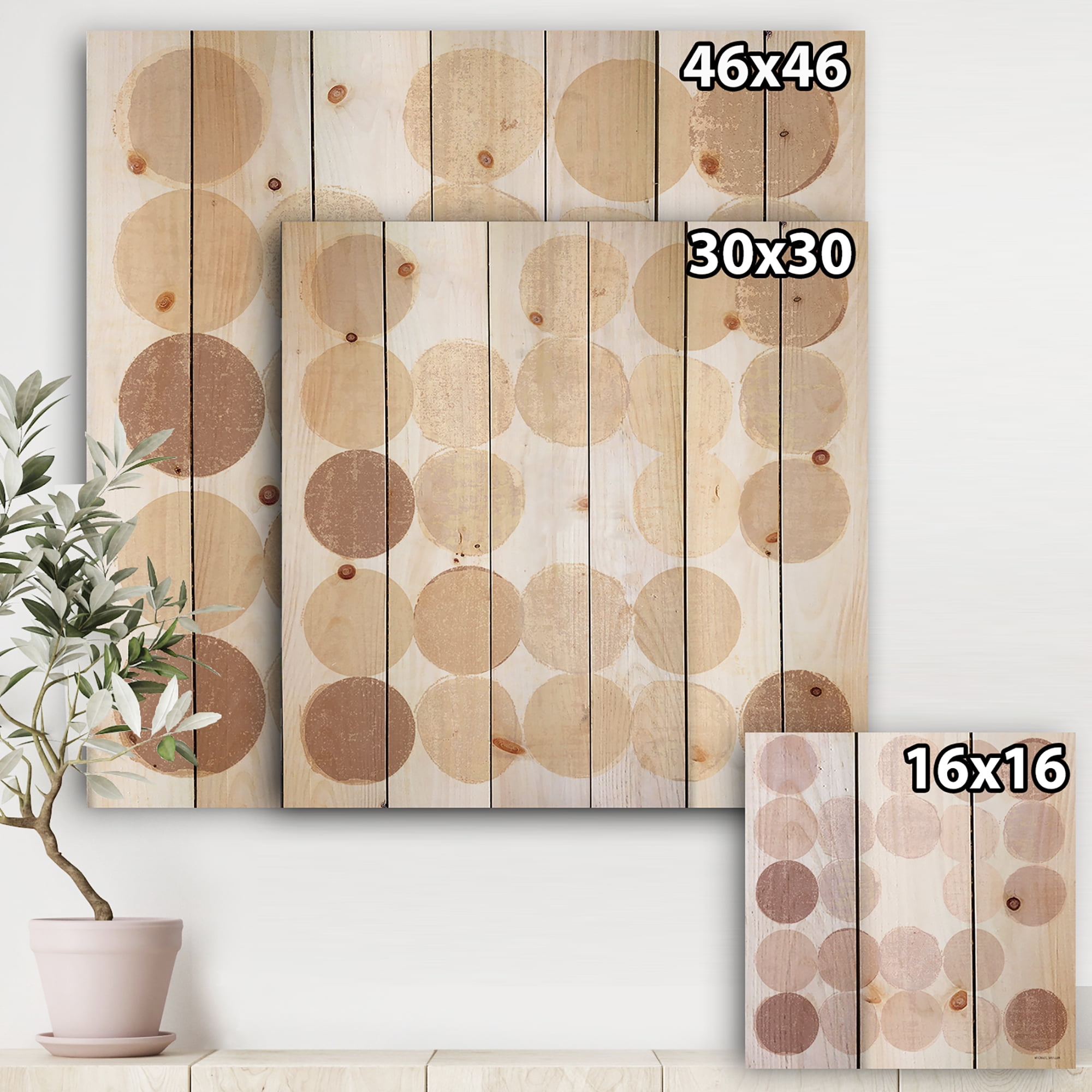 Designart 'Shade of Pink Geometric Dots II' Abstract Print on Natural Pine Wood