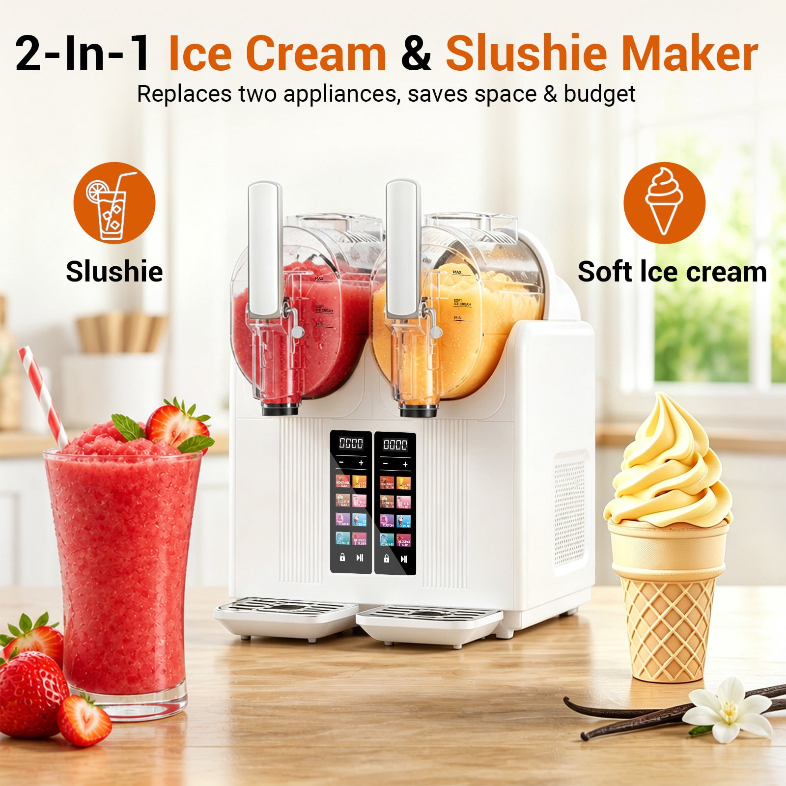 Slushie Machine, 68oz*2 Frozen Drink & Slushy Machine for Home, 5 Presets, No Ice Needed, Self Cleaning, Slushy Maker for Margaritas, Frappés, Milkshake, White