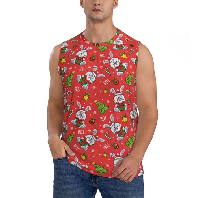 Fotbe Cute Christmas Bunny Men's Camiseta sin Mangas Estampada para Hombres, Playera Casual para Gimnasio, Entrenamiento, Playa-Large