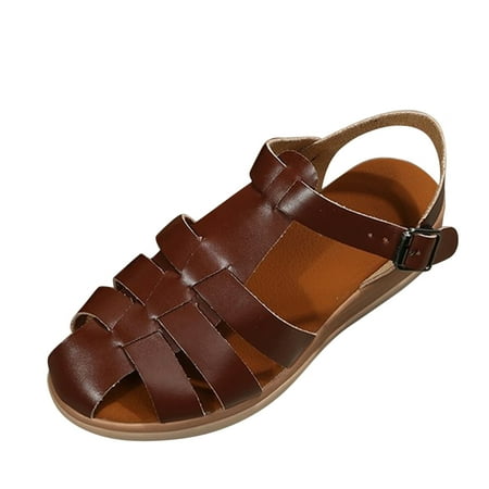 

GNEIKDEING Ladies Solid Strap Combination Buckle Wedge Roman Sandals Gift on Clearance