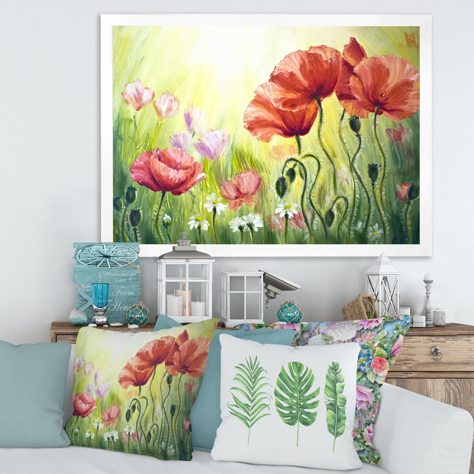 Designart 'Blossoming Red and Purple Poppies In The Morning I' Traditional Framed Art Print