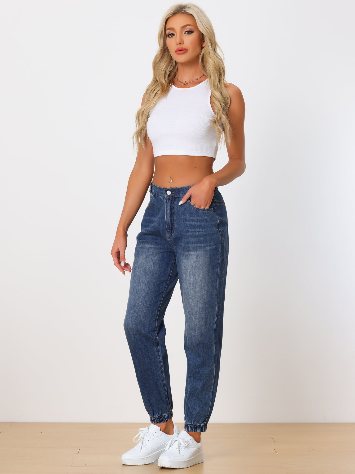 DARING DIVA Women's Jeans Jogger High Waisted Elastic Waist Denim Pants S Blue