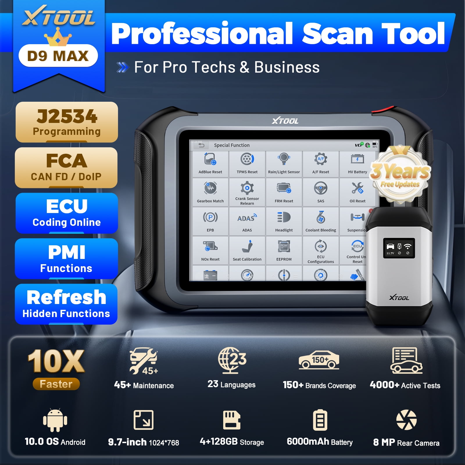 XTOOL D9 MAX Automotive Diagnostic Scanner, Bluetooth Full System Bi Directional Scan Tool, J2534 Repr0gramming Tool, Topology Mapping, 45+ Resets, with KC501 Key Fob Programmer