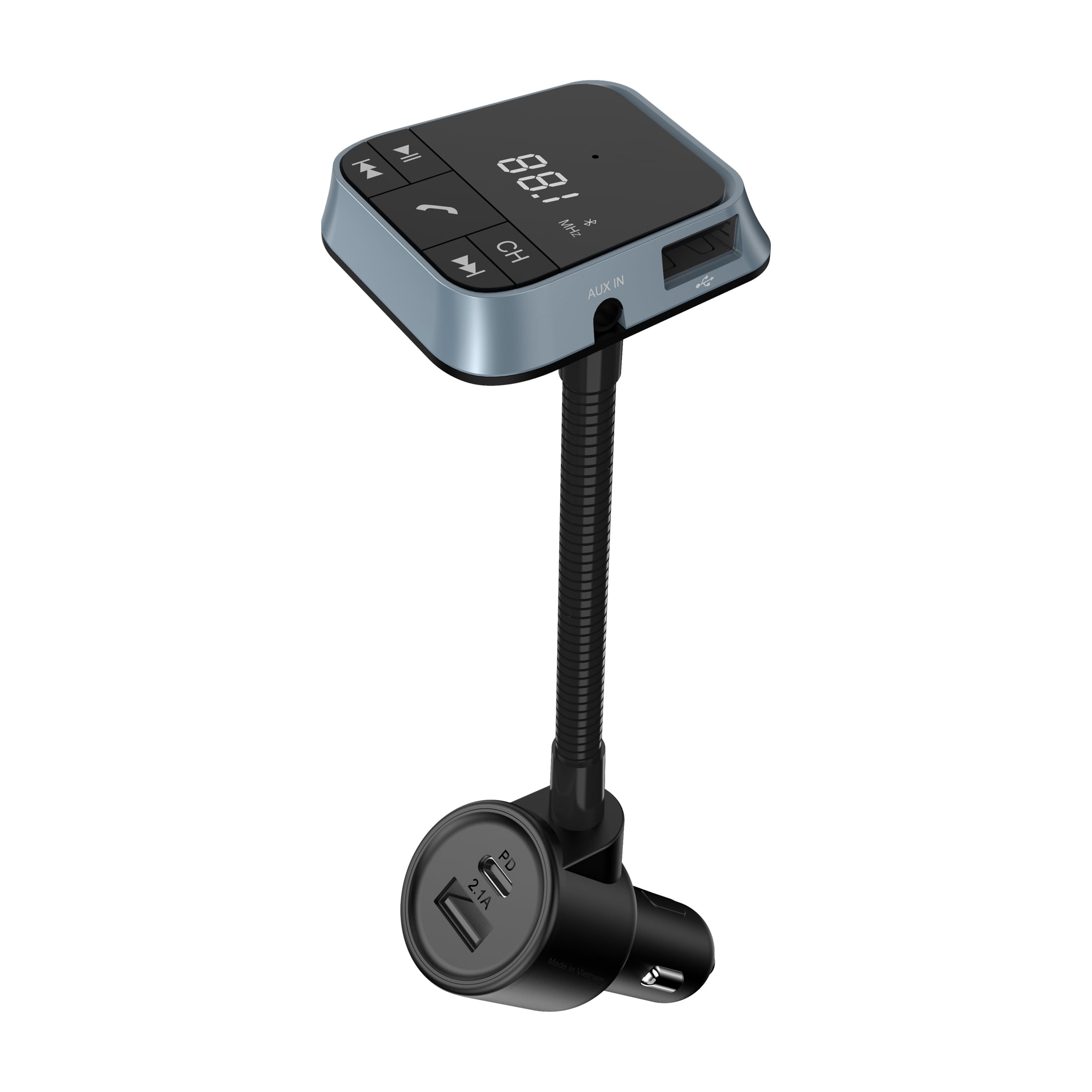 Onn Gooseneck Bluetooth FM Transmitter, Flexiable Adjustable Viewing Angle, Dual Charging Ports, Compatible with Smartphones