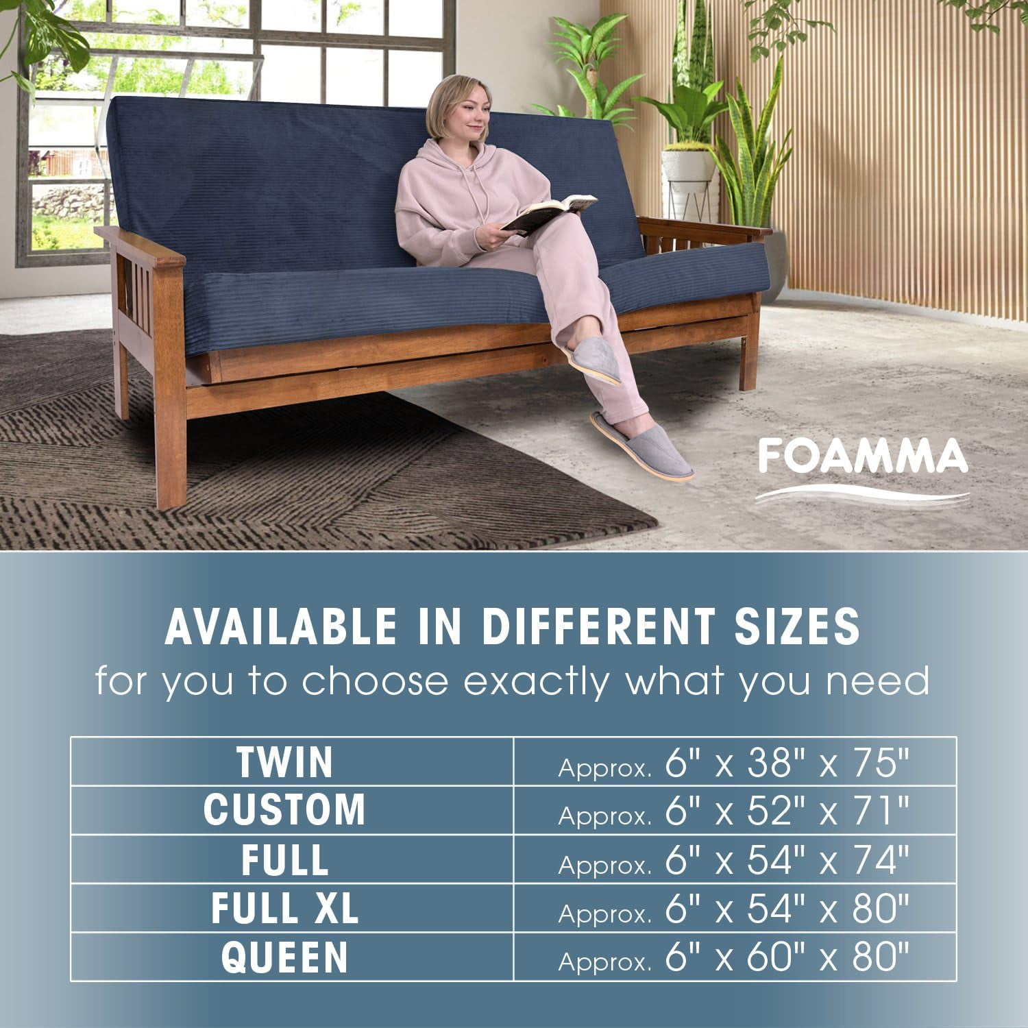 Foamma Memory Foam Futon Mattress, Double-Sided Foldout Couch Futon Mattress - Full Size (Navy) - Thick Corded, Heavy Duty, Comfortable Sofa Bed for All