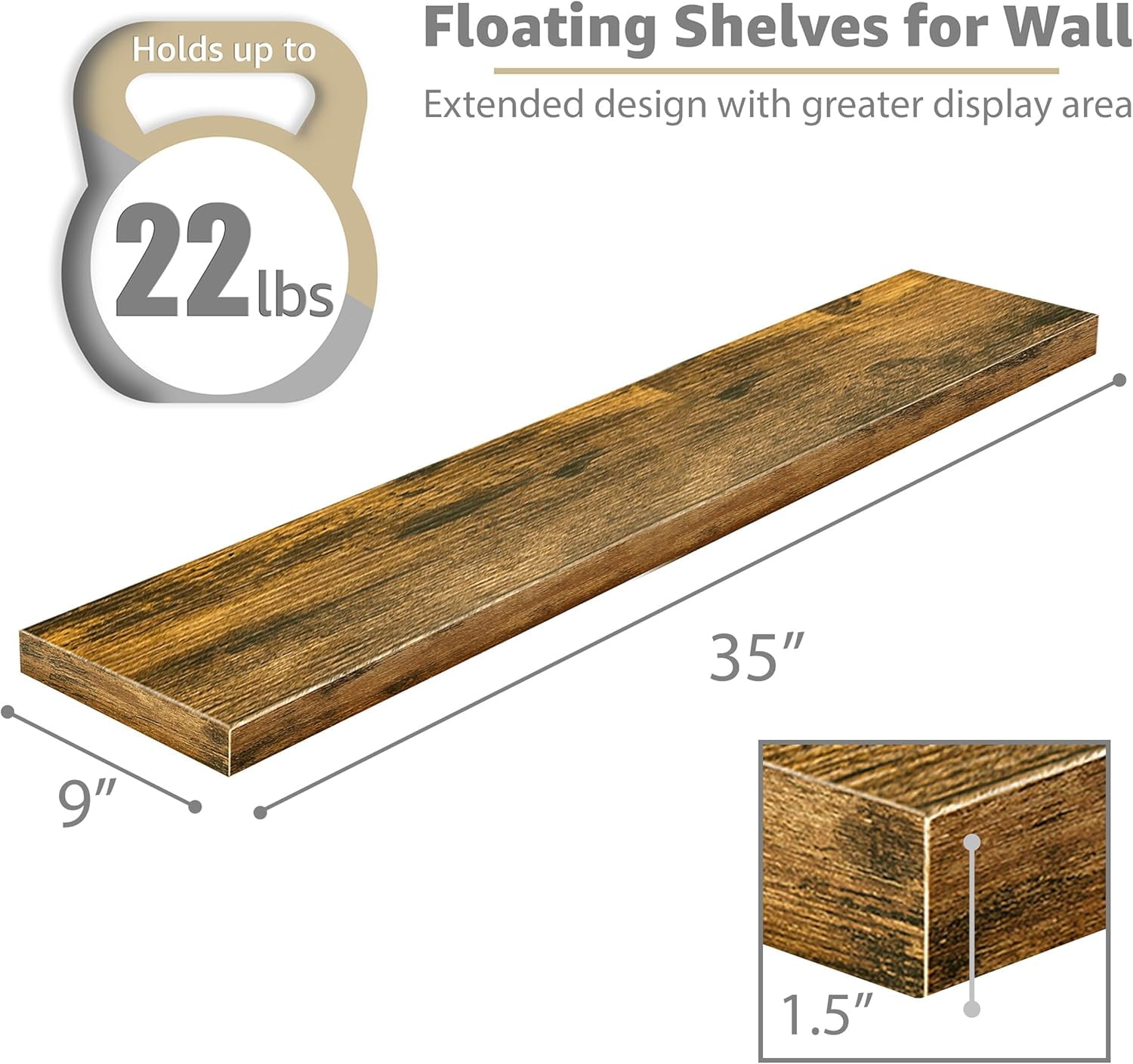 Floating Shelves for Wall - 35 Inch Long Bathroom Shelves, Wall Decor for Bedroom, Kitchen, Living Room & Book Storage - Mounted Floating Shelf with Brackets (Brown, 2 Pack)
