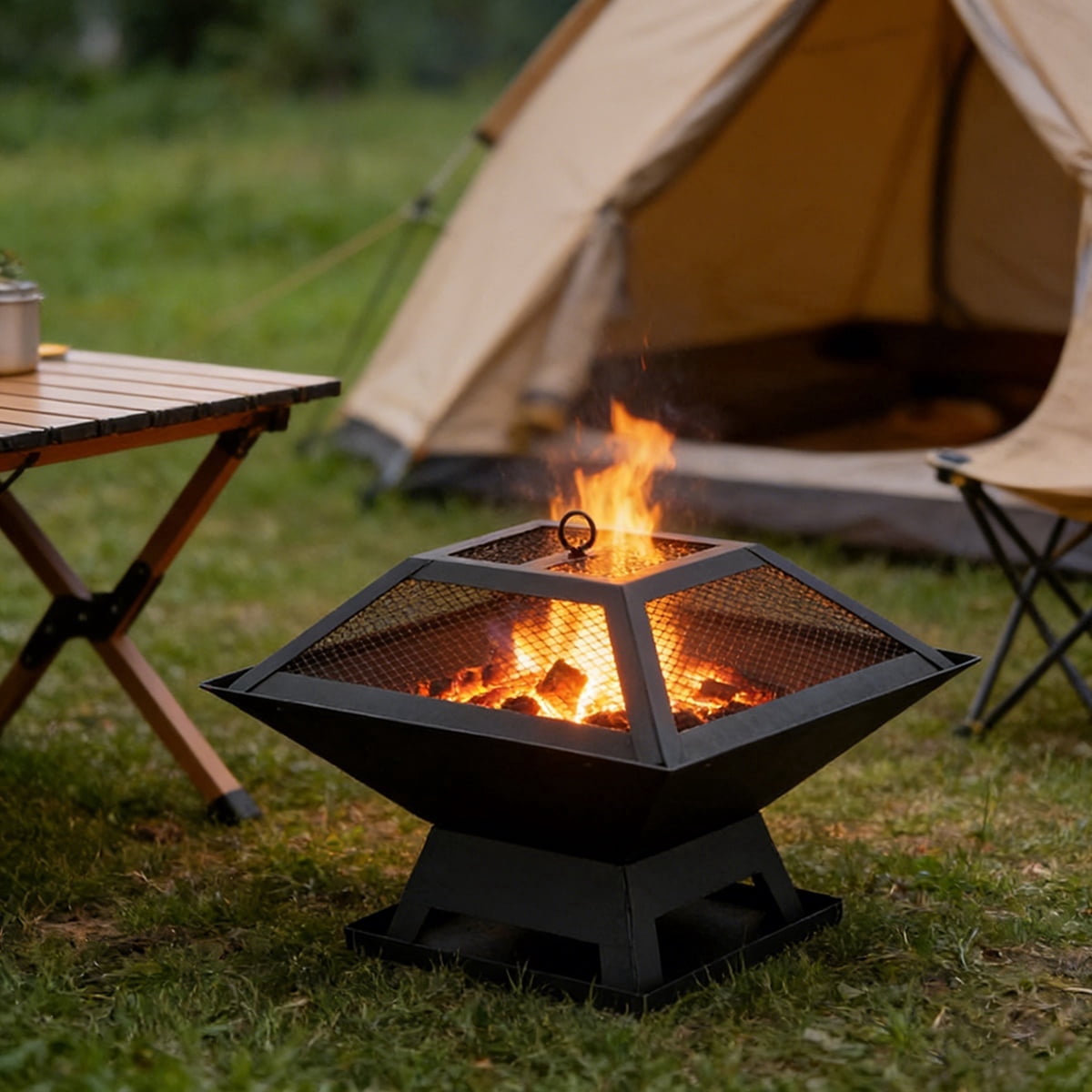 Outdoor Fire Pit, 19" Firepit, Segmart Wood Burning Fire Pit, Fire Pits for Outside, Fire Pit Table with Lid, Grill, Poker, Square Metal Firepit Table For Outside Patio, Black