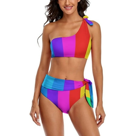 Rainbow Stripes One Shoulder Bowknot Swimsuit Two Piece Swimsuit Knot Crop Top Bikini High Waisted Bathing Suit